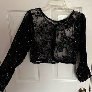 Navy button up sheer/mesh embroidered top